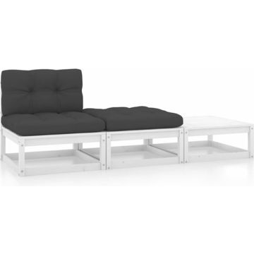 vidaXL 3-delige Loungeset met kussens massief grenenhout wit