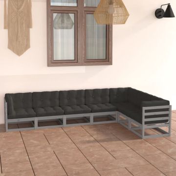 vidaXL 7-delige Loungeset met kussens massief grenenhout grijs