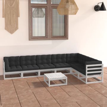 vidaXL 8-delige Loungeset met kussens massief grenenhout wit