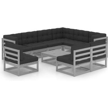 vidaXL 10-delige Loungeset met kussens massief grenenhout grijs