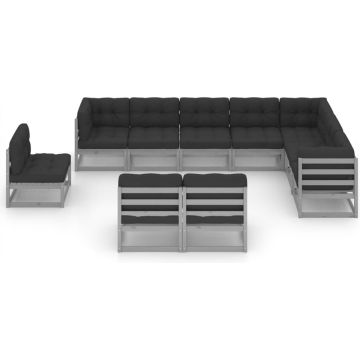 vidaXL 10-delige Loungeset met kussens massief grenenhout grijs