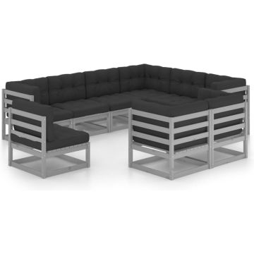 vidaXL 9-delige Loungeset met kussens massief grenenhout grijs