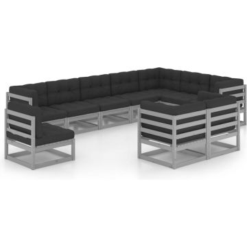 vidaXL 10-delige Loungeset met kussens massief grenenhout grijs