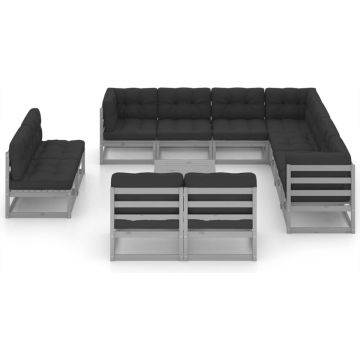 vidaXL 12-delige Loungeset met kussens massief grenenhout grijs