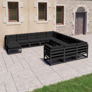 vidaXL 12-delige Loungeset met kussens massief grenenhout zwart