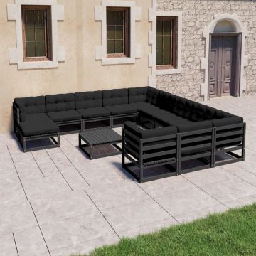 vidaXL 13-delige Loungeset met kussens massief grenenhout zwart