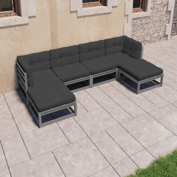 vidaXL 6-delige Loungeset met kussens massief grenenhout grijs