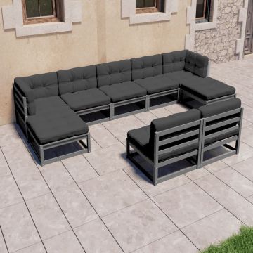 vidaXL 9-delige Loungeset met kussens massief grenenhout grijs