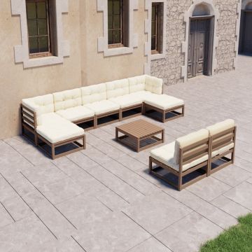 vidaXL 10-delige Loungeset met kussens massief grenenhout honingbruin