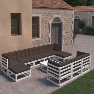 vidaXL 11-delige Loungeset met kussens massief grenenhout wit