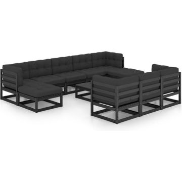 vidaXL 11-delige Loungeset met kussens massief grenenhout zwart