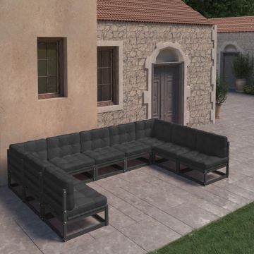 vidaXL 9-delige Loungeset met kussens massief grenenhout zwart