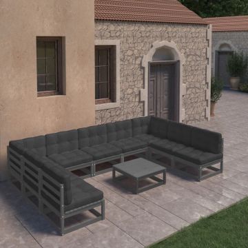 vidaXL 10-delige Loungeset met kussens massief grenenhout zwart