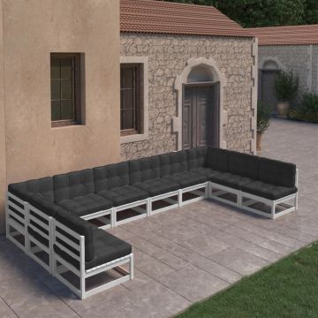 vidaXL 10-delige Loungeset met kussens massief grenenhout wit