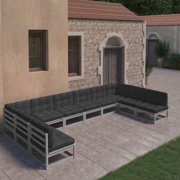 vidaXL 10-delige Loungeset met kussens massief grenenhout grijs