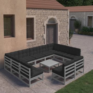 vidaXL 10-delige Loungeset met kussens massief grenenhout grijs