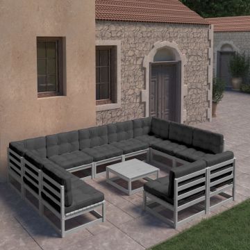 vidaXL 12-delige Loungeset met kussens massief grenenhout grijs