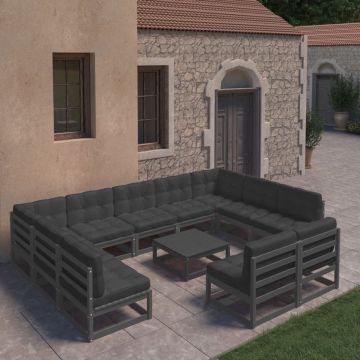 vidaXL 12-delige Loungeset met kussens massief grenenhout zwart