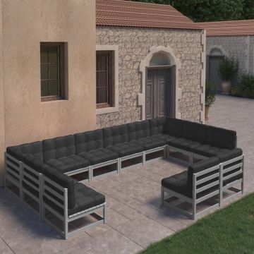 vidaXL 12-delige Loungeset met kussens massief grenenhout grijs