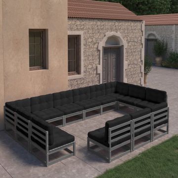 vidaXL 13-delige Loungeset met kussens massief grenenhout grijs