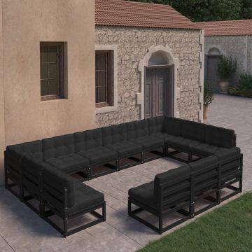 vidaXL 13-delige Loungeset met kussens massief grenenhout zwart