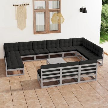 vidaXL 14-delige Loungeset met kussens massief grenenhout grijs