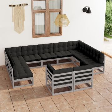 vidaXL 11-delige Loungeset met kussens massief grenenhout grijs