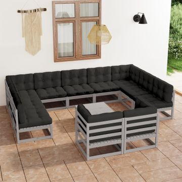 vidaXL 12-delige Loungeset met kussens massief grenenhout grijs