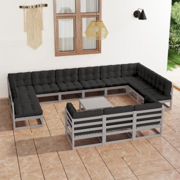 vidaXL 14-delige Loungeset met kussens massief grenenhout grijs