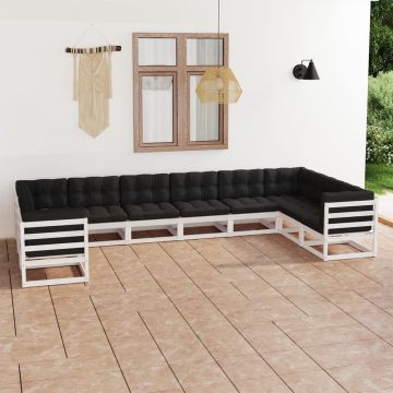 vidaXL 10-delige Loungeset met kussens massief grenenhout wit