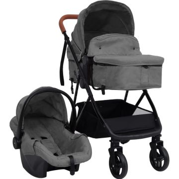 vidaXL Kinderwagen 3-in-1 staal lichtgrijs en zwart