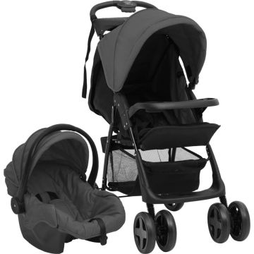 vidaXL Kinderwagen 3-in-1 staal donkergrijs en zwart