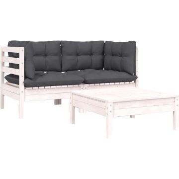 vidaXL 3-delige Loungeset met kussens massief grenenhout wit