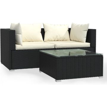 vidaXL 3-delige Loungeset met kussens poly rattan zwart