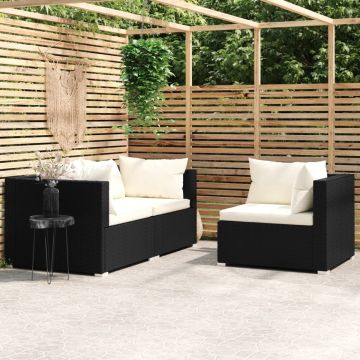 vidaXL 3-delige Loungeset met kussens poly rattan zwart