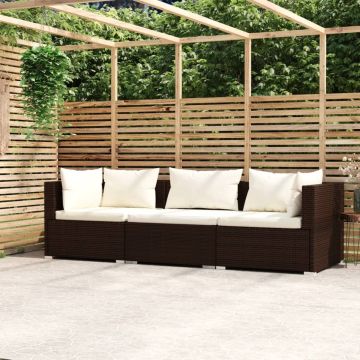 vidaXL Driezitsbank met kussens poly rattan bruin