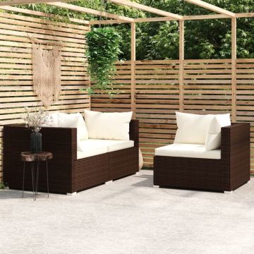 vidaXL 3-delige Loungeset met kussens poly rattan bruin