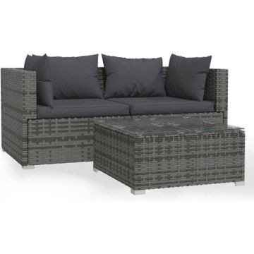 vidaXL 3-delige Loungeset met kussens poly rattan grijs