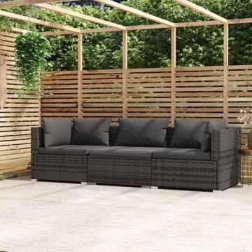 vidaXL Driezitsbank met kussens poly rattan grijs