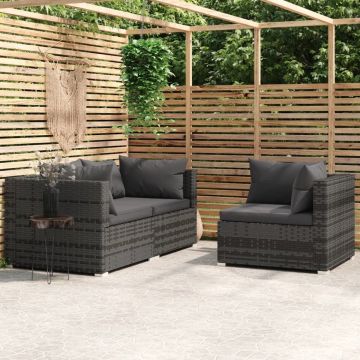 vidaXL 3-delige Loungeset met kussens poly rattan grijs