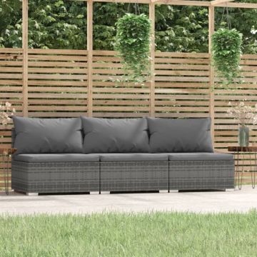 vidaXL Driezitsbank met kussens poly rattan grijs