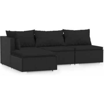 vidaXL 4-delige Loungeset met kussens poly rattan zwart