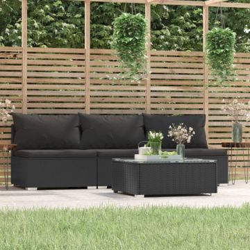 vidaXL 4-delige Loungeset met kussens poly rattan zwart