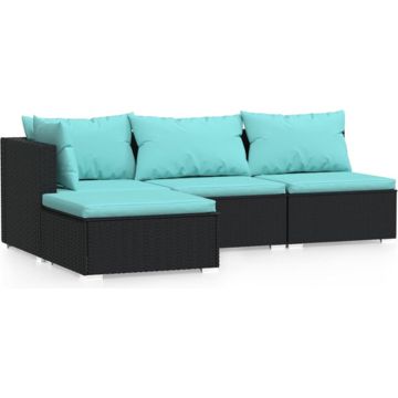 vidaXL 4-delige Loungeset met kussens poly rattan zwart