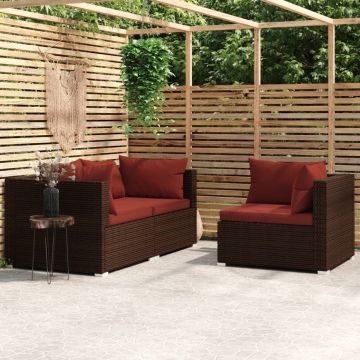 vidaXL 3-delige Loungeset met kussens poly rattan bruin