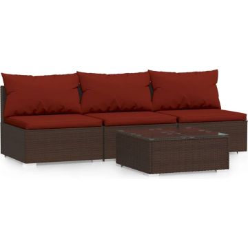 vidaXL 4-delige Loungeset met kussens poly rattan bruin