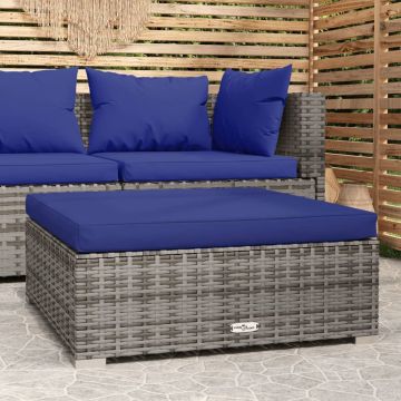 vidaXL Tuinvoetenbank met kussen 70x70x30 cm poly rattan grijs