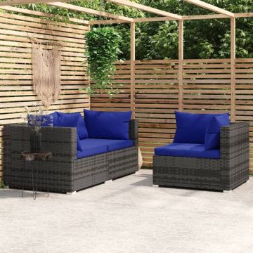 vidaXL 3-delige Loungeset met kussens poly rattan grijs