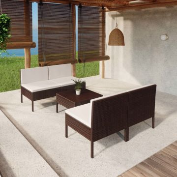 vidaXL 5-delige Loungeset met kussens poly rattan bruin