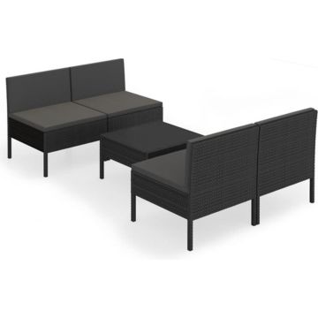 vidaXL 5-delige Loungeset met kussens poly rattan zwart